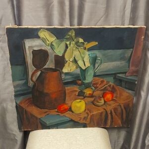 STILL LIFE OIL Fruit Vase Painting Canvas Vintage Art
